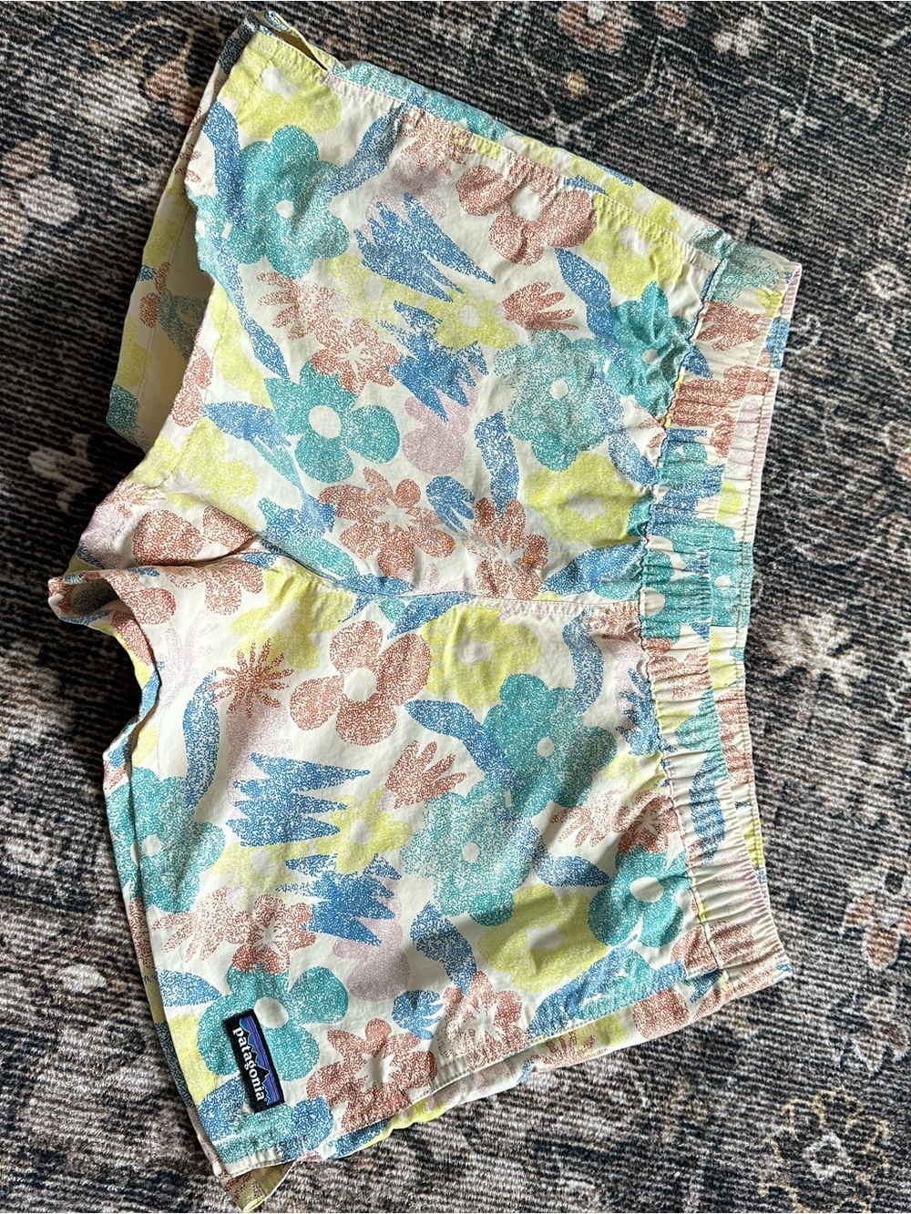Patagonia Floral Athletic Shorts in Teal, Yellow, Pink